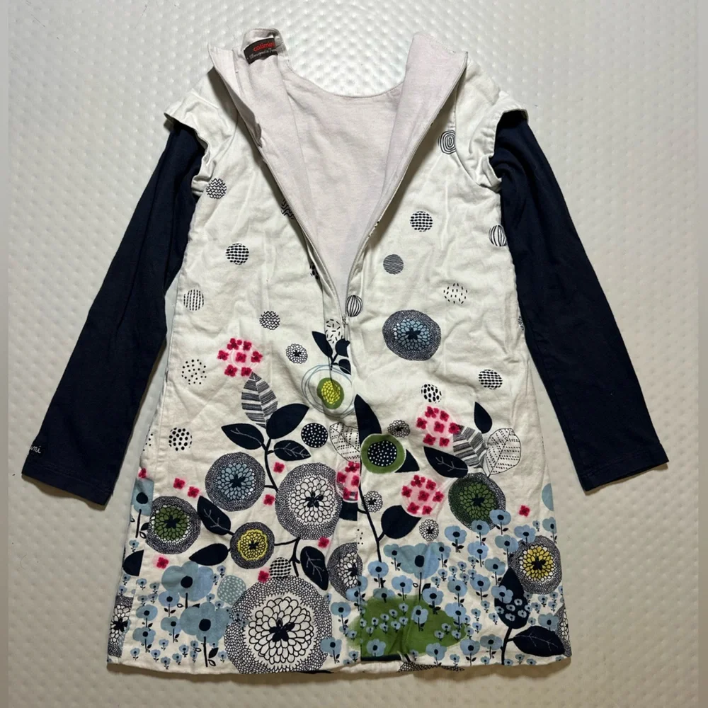 Catimini French style long‎ sleeve whimsical floral dress black cat child size 6